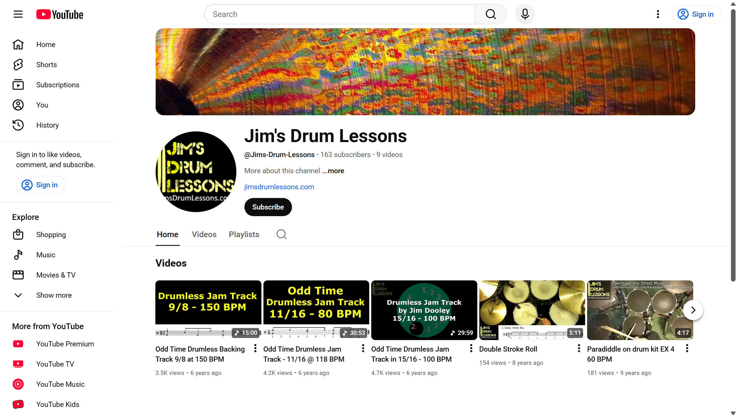 Jim's Drum Lessons YouTube Channel